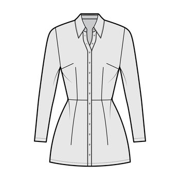 Shirt dress technical fashion illustration with regular collar, mini length, fitted body, Pencil fullness, button up