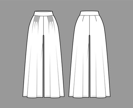 Pants gaucho technical fashion illustration with normal waist, high rise, pleats, ankle cropped length, seam pockets.