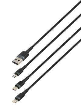 Cable with USB, micro USB, Lightning and Type-C connector, on white background