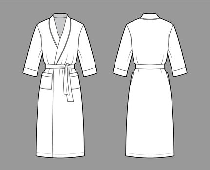 Bathrobe Dressing gown technical fashion illustration with wrap opening, knee length, oversized, pocket, elbow sleeves
