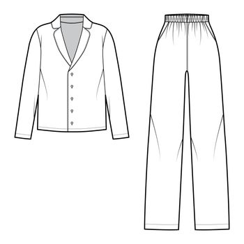 Set of Sleepwear Pajamas shirt, pants technical fashion illustration with full length, normal waist, oversized, pockets