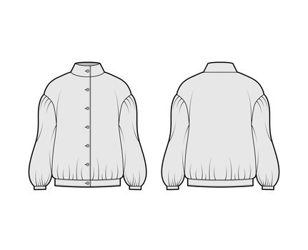 Balkan blouse technical fashion illustration with bouffant dropped long sleeves, stand neck, oversized, button up.