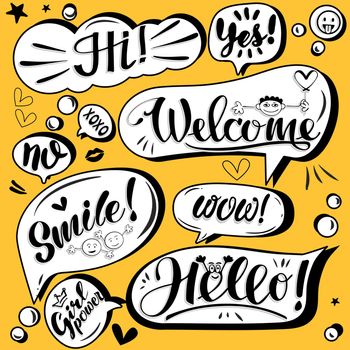 A set of stickers with messages Hello, Welcome, Smile, Hi, Girl power