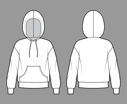 Hoody sweatshirt technical fashion illustration with long sleeves, oversized body, kangaroo pouch, drawstring. Flat medium apparel template front, back, white color style. Women, men unisex CAD mockup