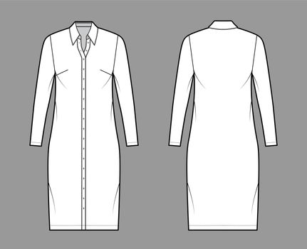 Shirt dress technical fashion illustration with classic regular collar, knee length, oversized body, Pencil fullness