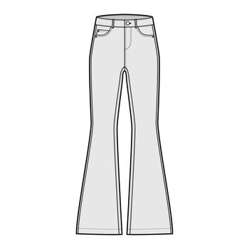 Jeans flared bottom Denim pants technical fashion illustration with full length, low waist, rise, 5 pockets, Rivets Flat