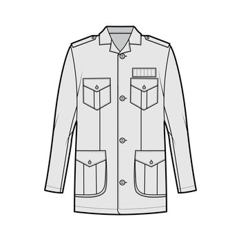Safari jacket technical fashion illustration with oversized, open collar, long sleeve, flap pockets, buttons, epaulettes