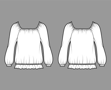 Peasant blouse technical fashion illustration with bouffant long sleeves, gathered wide scoop and hem, oversized.