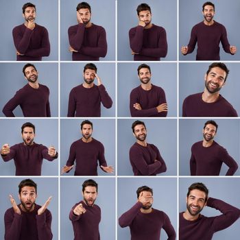 Different moods for different occasions. Composite shot of a young man expressing different types of facial expressions inside of a studio.