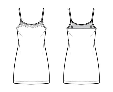 Chemise dress Sleepwear Pajama technical fashion illustration with mini length, lace scoop neck cami, trapeze silhouette