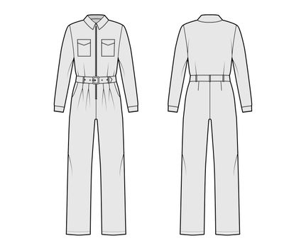 Siren suit overall jumpsuit technical fashion illustration with full length, belt, zipper closure, normal waist, pockets