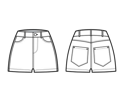 Denim hot short pants technical fashion illustration with micro length, normal waist, high rise, coin, angled 5 pockets.