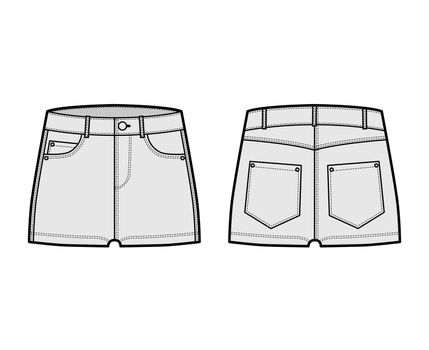 Denim hot short pants technical fashion illustration with micro length, low waist, low rise, 5 pockets. Flat bottom