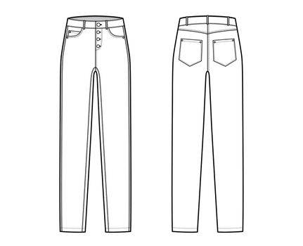 Jeans botton fly tapered Denim pants technical fashion illustration with full length, low waist, rise, 5 pockets, Rivets