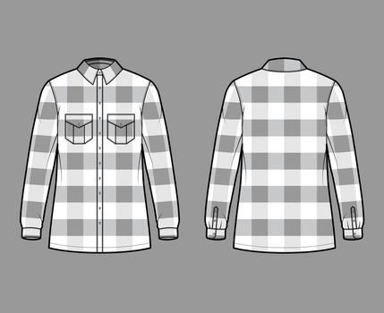 Lumber jacket technical fashion illustration with Buffalo Check motif, oversized body, flap pockets, classic collar