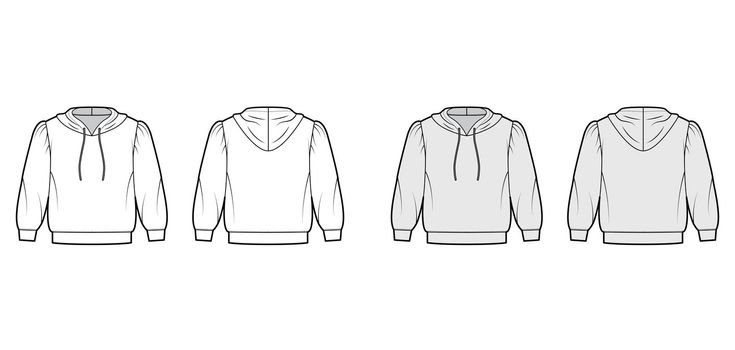 Hoody sweatshirt technical fashion illustration with elbow sleeves, relax body, banded hem, drawstring small garment