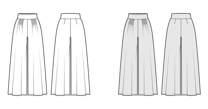 Pants gaucho technical fashion illustration with low waist, rise, pleated, ankle cropped length, seam pockets. Flat