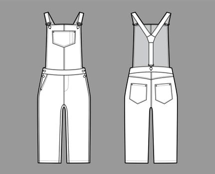 Dungarees Denim overall jumpsuit technical fashion illustration with knee length, normal waist, high rise, pocket Rivets