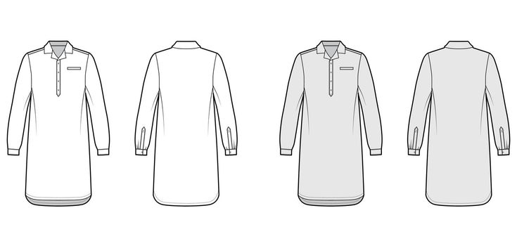 Nightshirt dress Sleepwear Pajama technical fashion illustration with knee length, classic henley collar, cuff long sleeves. Flat apparel front back, white, grey color. Women, men unisex CAD mockup