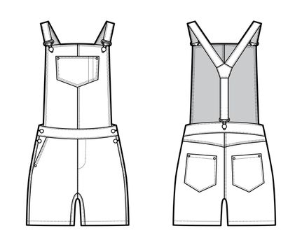 Dungarees Denim overall jumpsuit technical fashion illustration with mini length, normal waist, high rise, pockets, Rivets. Flat apparel front back, white color style. Women, men unisex CAD mockup