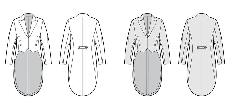 Dinner jacket tuxedo technical fashion illustration with double breasted, long sleeves, peaked collar, low high hem. Flat coat template front, back, white, grey color style. Women, men top CAD mockup