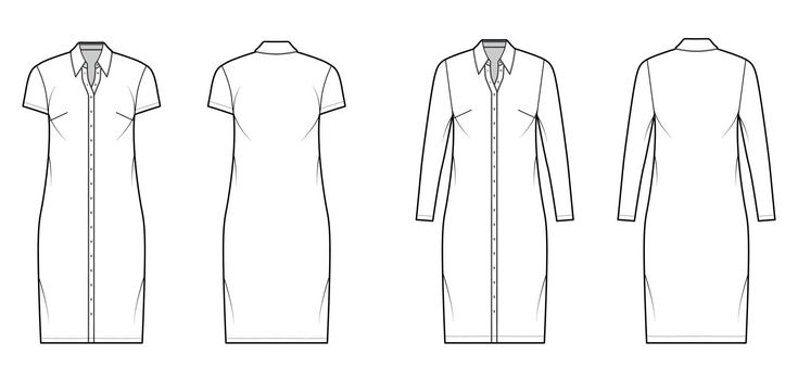 Shirt dress technical fashion illustration with classic regular collar, knee length, oversized body, Pencil fullness