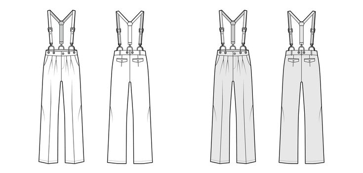 Suspender Pants Dungarees technical fashion illustration with full length, low waist, rise, pockets. Flat apparel garment bottom front back, white, grey color style. Women, men unisex CAD mockup