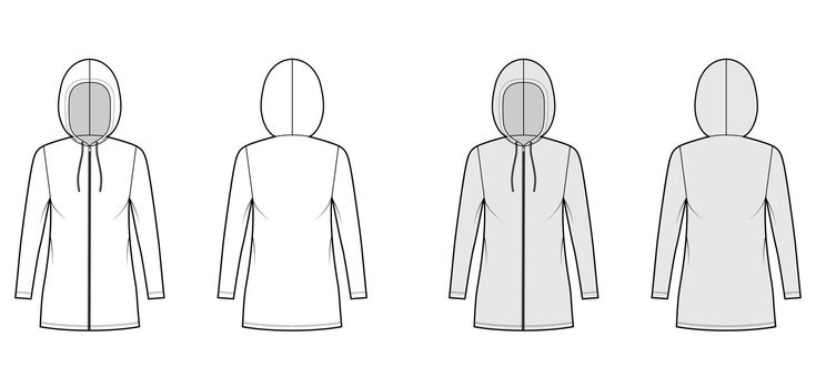Zip-up Hoody dress technical fashion illustration with long sleeves, mini length, oversized body, Pencil fullness. Flat apparel template front, back, white, grey color. Women, men, unisex CAD mockup