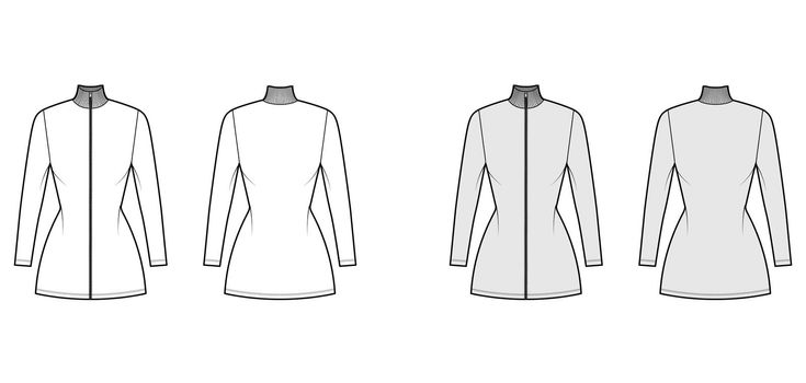 Turtleneck zip-up dress technical fashion illustration with short sleeves, mini length, fitted body, Pencil fullness.