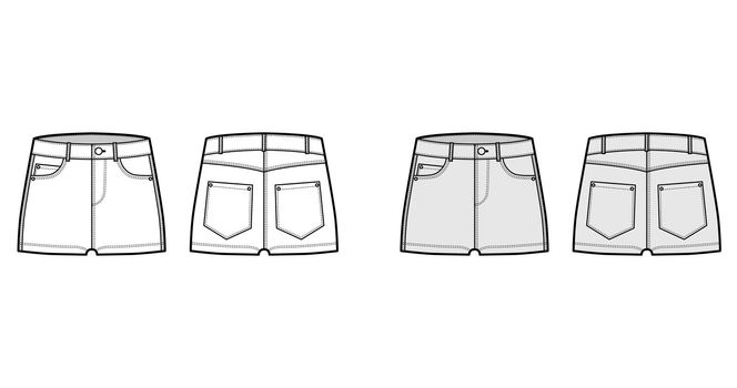 Denim hot short pants technical fashion illustration with micro length, low waist, low rise, 5 pockets. Flat bottom