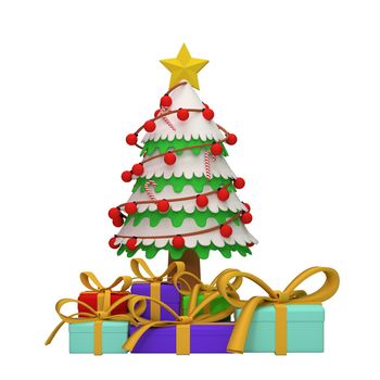 3d rendering of christmas tree and gifts with christmas and new year concept
