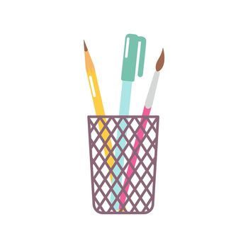 Writing materials in stationery cup. Pen, pencil and brush. Vector flat illustration on white background