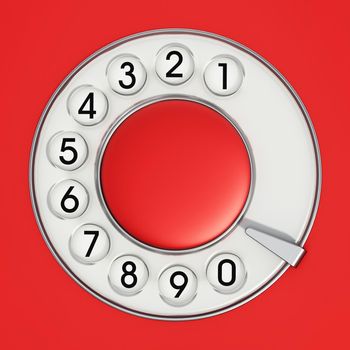 Red rotary dial of an analogue telephone. 3D illustration