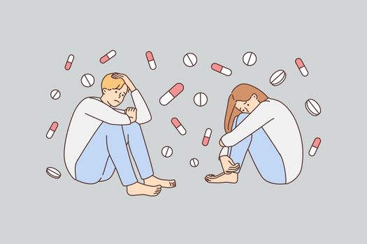 Depressed people suffer from medication dependence. Unhappy patients struggle with pharmaceutical problems. Medicine and healthcare. Vector illustration.