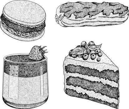 Delicious sweets and desserts. Hand drawn illustrations of popular traditional desserts.