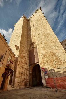 Detail of an ancient tower in the historic center of Cagliari.