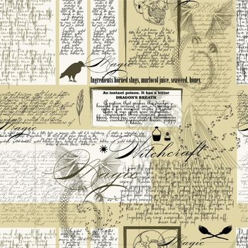 Seamless pattern old newspaper, digital paper vintage newspaper. Halloween. A recipe for a magic potion