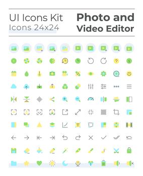 Photo and video editor tools flat color ui icons set