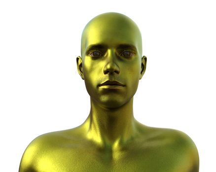 3D render. Portrait of a gold bald man on a white background.