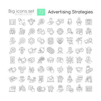 Advertising strategies in marketing linear icons set