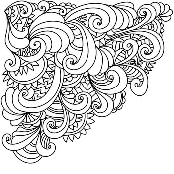 Doodle patterns with curls and flower petals, decorative corner antistress coloring page, zen inspired vector outline illustration 