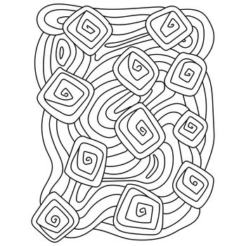 Abstract coloring book page, meditative square spirals and stripes for creativity
