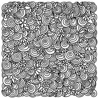 Meditative coloring page with doodle flowers, spirals and swirls for creativity