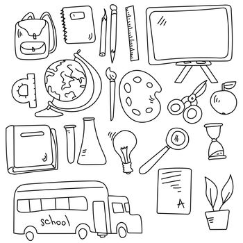 Set of school doodles, outlines of various school and educational attributes, coloring page on the topic of learning