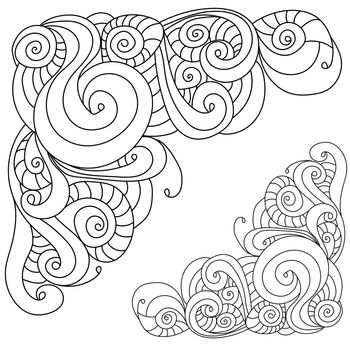 Decorative contour zen corners with swirls and spirals, coloring page from curved doodles