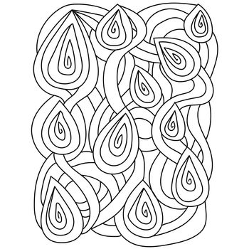 Abstract coloring book page, meditative teardrop spirals and stripes for creativity