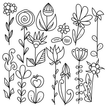 A set of fancy doodle flowers with simple lines and dots in various shapes and sizes