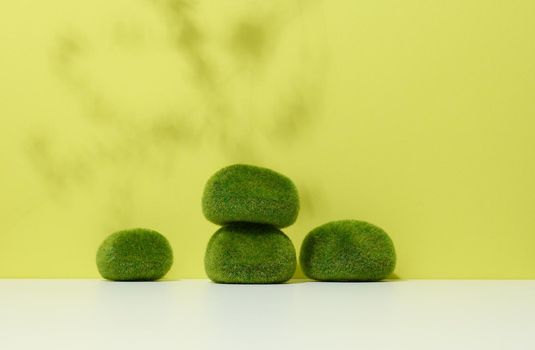 Green pieces of moss and a stage for the demonstration of products, cosmetics.