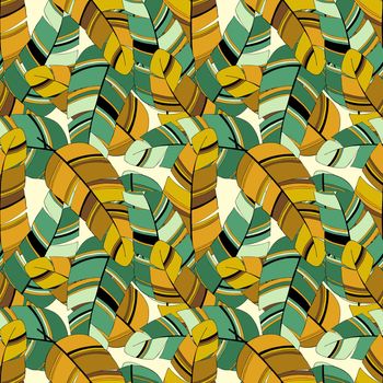 Pattern with banana leaves, tropical, exotic, color green and orange.