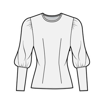 Blouse technical fashion illustration with round neckline, puffy mutton sleeves, fitted body, side zip fastening.